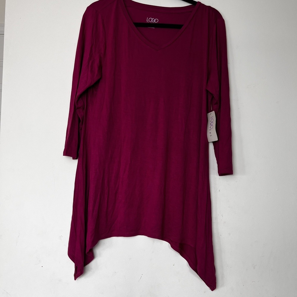 LOGO by Lori Goldstein V Neck Tunic Top Burgundy Asymmetrical Hem Size Medium - Picture 5 of 10